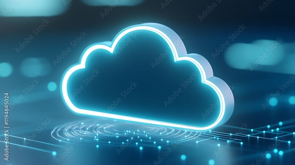 Poster futuristic glowing cloud icon surrounded by digital network elements on blue background for technolo