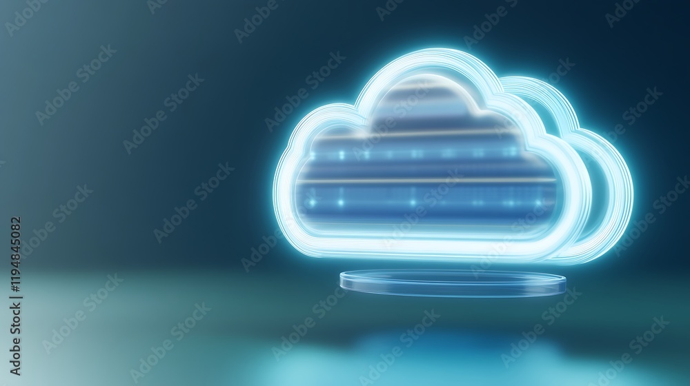 Poster futuristic glowing cloud icon with blue lines representing digital connectivity and data storage con