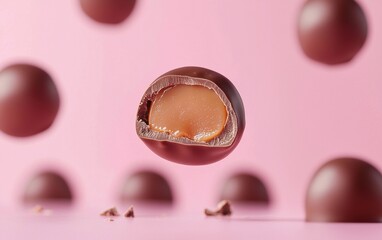 Milk chocolate bonbons with a caramel center, hovering against a pastel pink backdrop