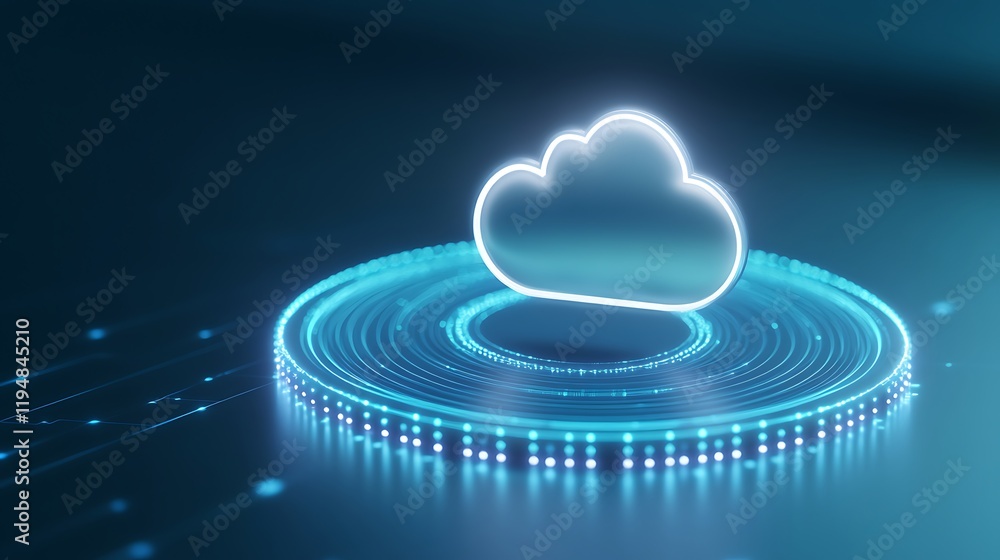 Poster futuristic glowing cloud symbol on a digital circular platform surrounded by shimmering particles an