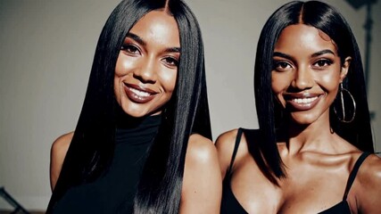 Two chic and gorgeous African American women with luxurious, extra-long hair that shines brilliantly. Their confident presence and impeccable style make them captivating and unforgettable