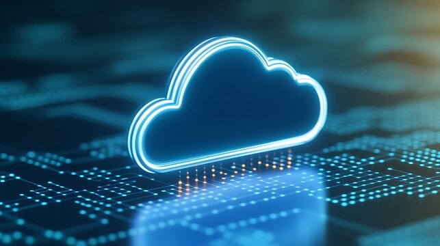 Futuristic glowing cloud symbol over digital circuit board background representing cloud computing technology