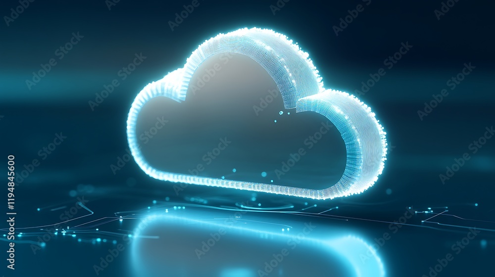 Poster futuristic glowing cloud symbol with digital particles on a dark background for technology and data 