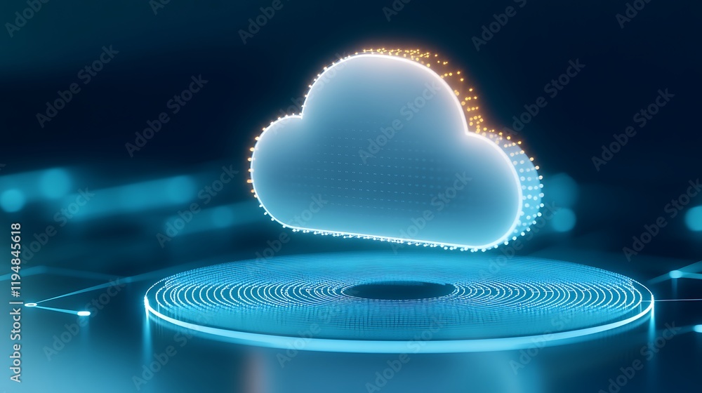 Poster futuristic glowing cloud symbol with digital technology background and data visualization elements