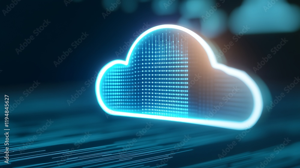 Poster futuristic illuminated cloud symbol against dark background with data connections and technology con