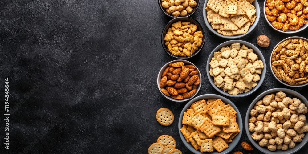 Poster aerial view of assorted snacks in dark bowls including nuts and crackers on a dark textured backgrou