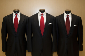 Three men are wearing black suits and red ties