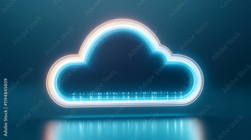 Poster futuristic neon cloud icon on dark background for technology and digital concepts design