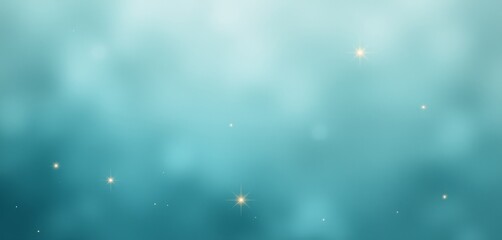 Teal gradient background with sparkling stars and light rays.