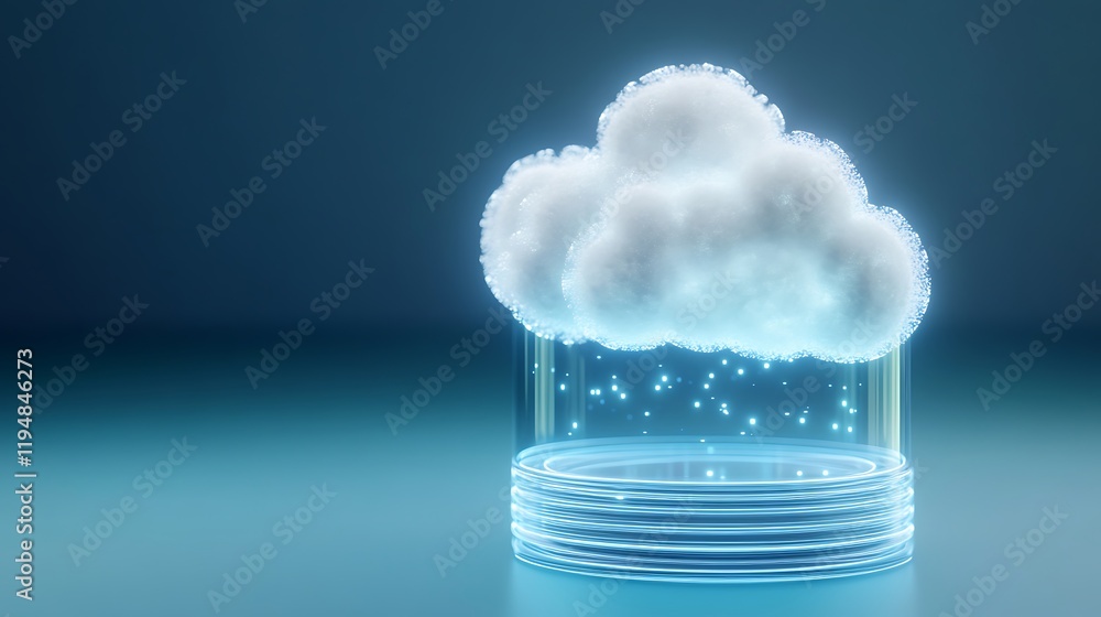 Poster Futuristic transparent container with glowing cloud and sparkling particles, 3D visualization of cloud technology