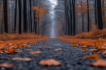 Misty autumn path through forest.