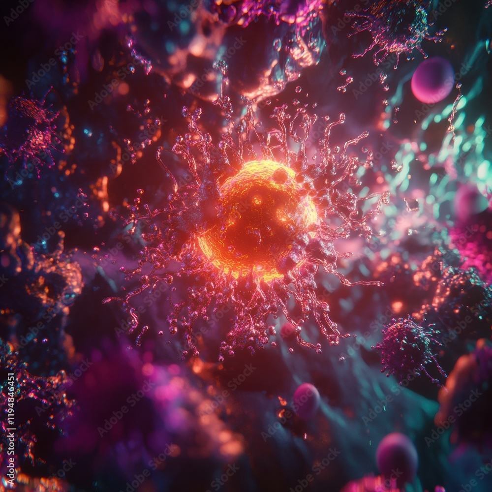 Poster glowing cell at the center surrounded by menacing viruses in an abstract digital setting. generative