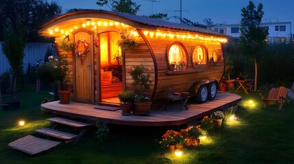 Obraz premium Cozy Wooden Caravan with Warm Lights and Garden at Twilight
