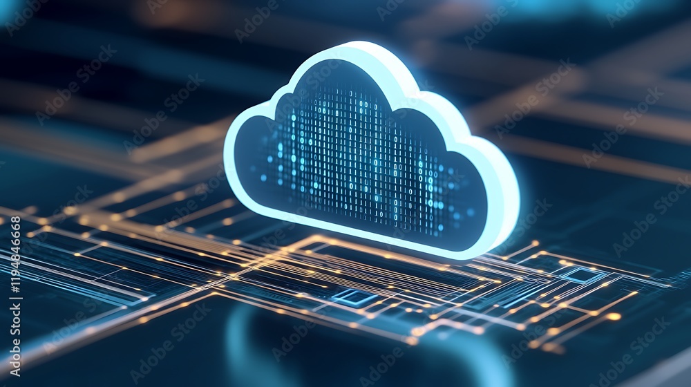 Aufkleber glowing cloud icon on digital circuit board background with data connections and technology visuals