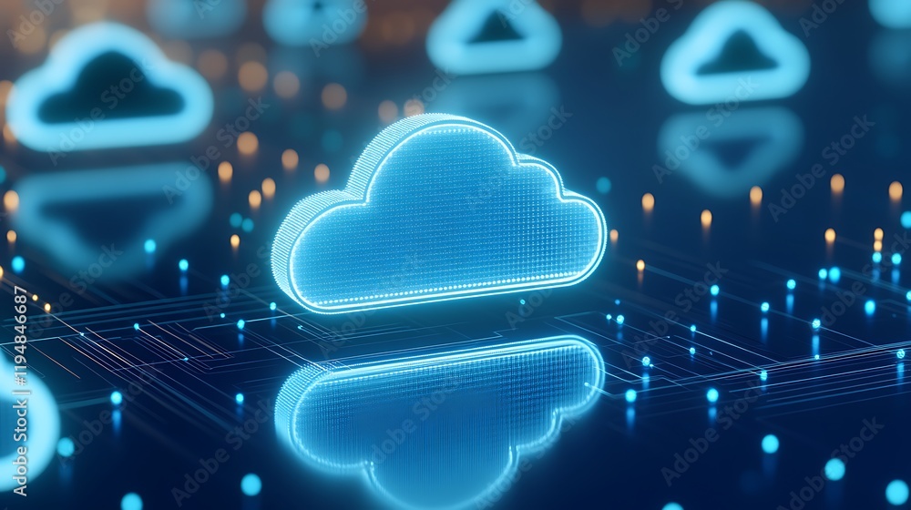 Poster glowing cloud icon on digital network with bright dots and reflections in futuristic technology envi