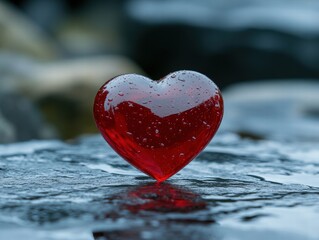 Obraz premium A heart made of glass is sitting on a rock in the water