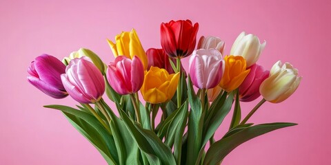 Vibrant spring tulips in pink, yellow, red, and white arranged in a lush bouquet against a soft pink backdrop ideal for celebrations and gifting.