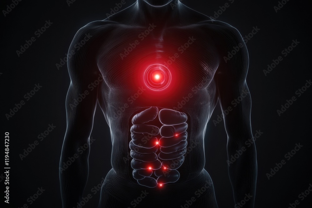 Poster glowing human torso with red focal point in abdominal region illuminated against a dark background. 