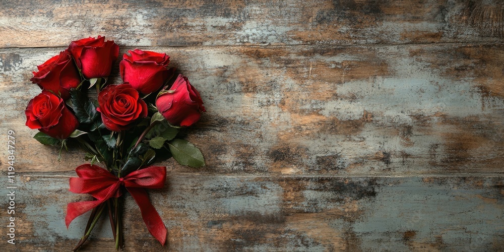 Poster aerial view of a vibrant bouquet of red roses with lush green leaves tied with a red ribbon on a rus