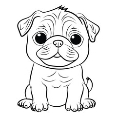 Pug Fun Coloring Page for Kids, Adorable Puppy in a Garden Cartoon Outline Vector