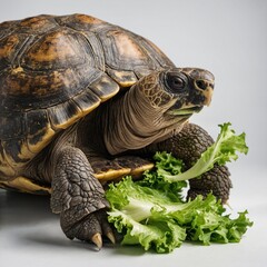 Obraz premium A tortoise eating a piece of lettuce, white background.