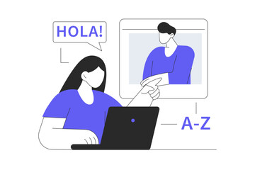 Studying foreign language online web concept. Woman learning new languages, watches video with teacher at laptop, talking with native. Flat Cartoon Vector Illustration, icon. Stylish abstract © roxime