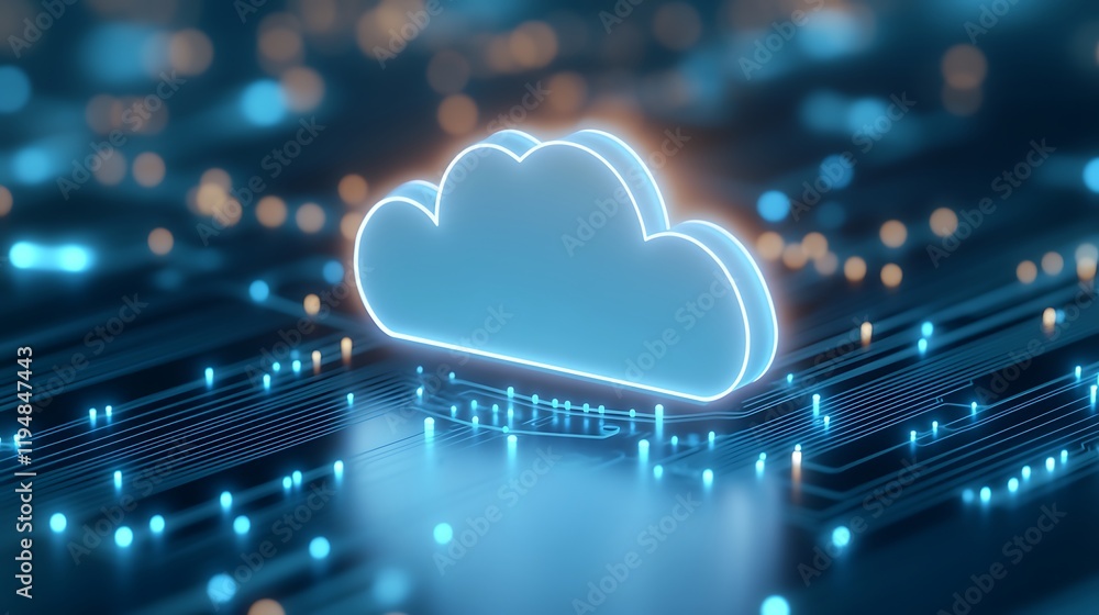Poster glowing cloud symbol on digital circuit board with blue and orange lights representing cloud computi