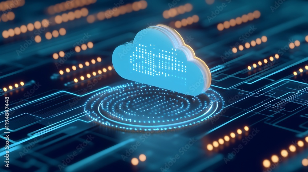 Poster glowing cloud symbol on technology circuit board background representing data storage and digital tr