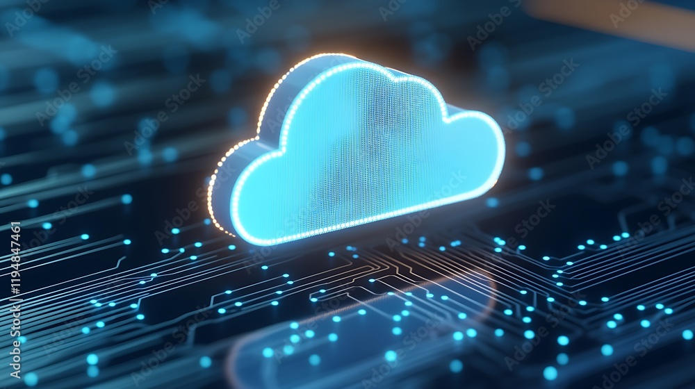 Poster glowing cloud symbol on digital circuit board with blue light effect and data connections in backgro