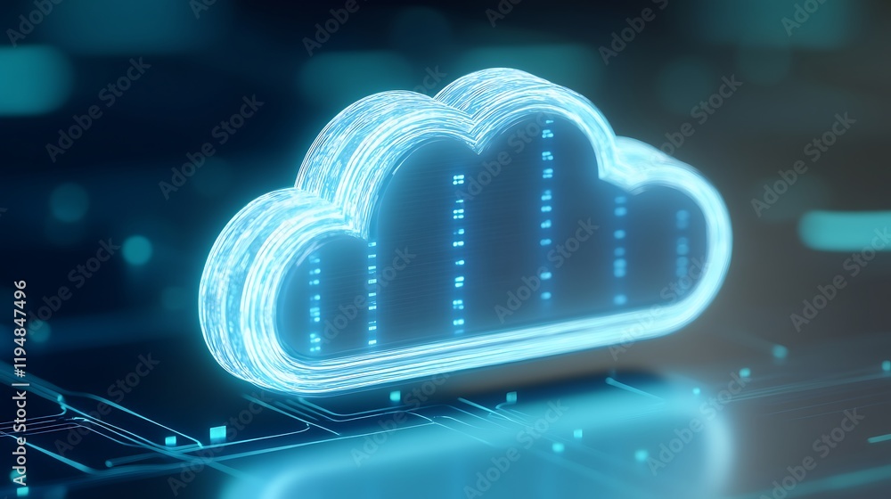 Poster glowing cyber cloud icon representing digital storage and data management in a futuristic setting