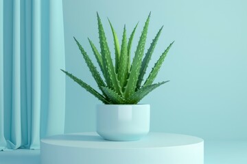 Aloe Vera Plant in Minimalist Pot with Soft Blue Background
