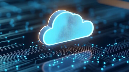 Glowing Cloud Symbol on Digital Circuit Board with Blue Light Effect and Data Connections in Background