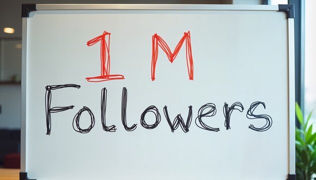 Whiteboard with 1M Followers text in modern office, representing social media success