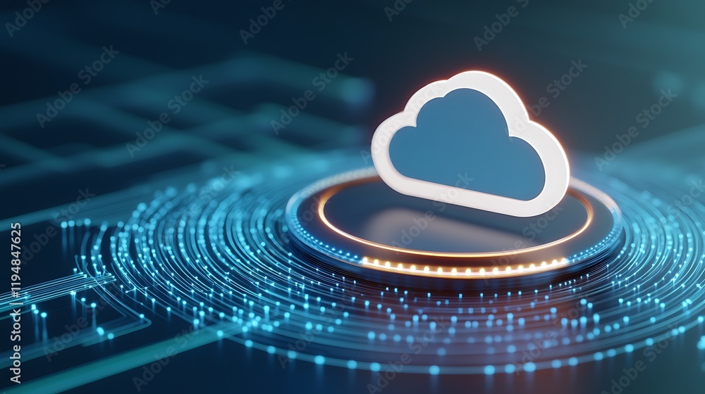 Poster illuminated cloud symbol on digital circuit background representing cloud computing and data storage