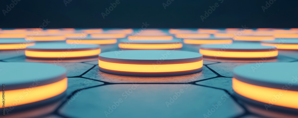 Poster futuristic illuminated buttons in a geometric pattern, showcasing modern design elements.