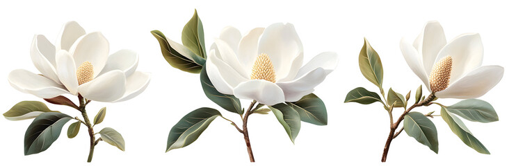 Elegant Magnolia Blossoms Isolated on White Background
