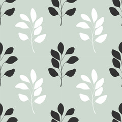 Pattern with eucalyptus white and dark leaves silhouette on pastel background. Vector illustration