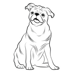 Pug Puppy Coloring Page for Kids, Adorable Dog in Garden Cartoon Outline Illustration