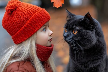 A girl in a red hat gazes at a black cat in autumn.