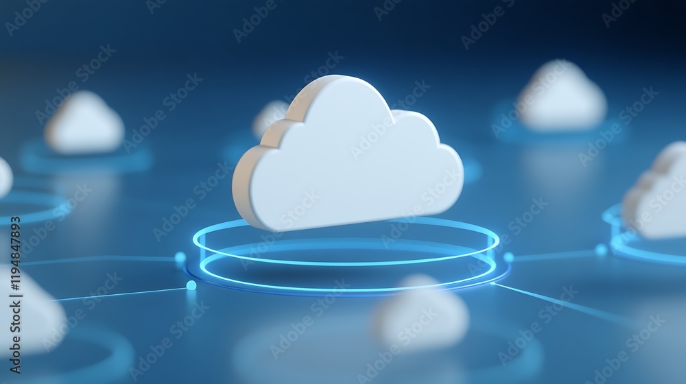Poster modern cloud computing concept with abstract blue background and floating cloud icons in a network d