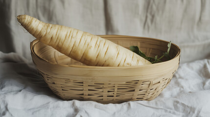 Fototapeta premium A plain, wooden basket holding one large, unpeeled parsnip, its earthy tones contrasting with the basket's light wood.
