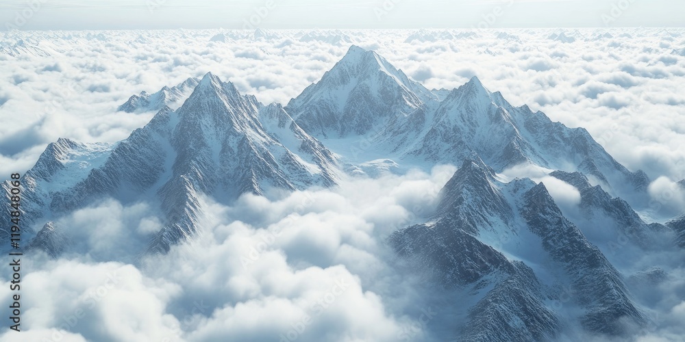 Poster aerial view of snow-capped mountain peaks surrounded by soft white clouds with subtle blue tones in 