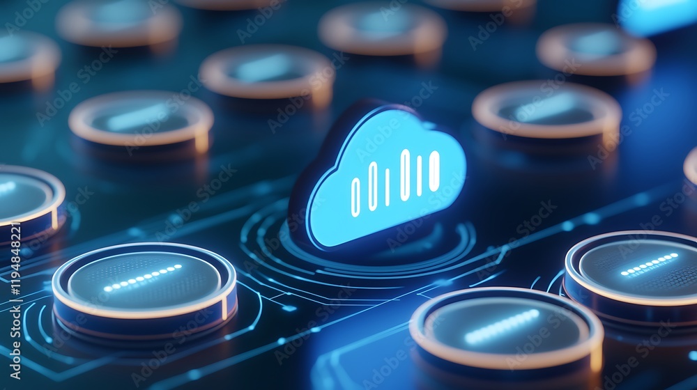 Poster modern cloud computing concept with data analytics displayed on futuristic digital interface