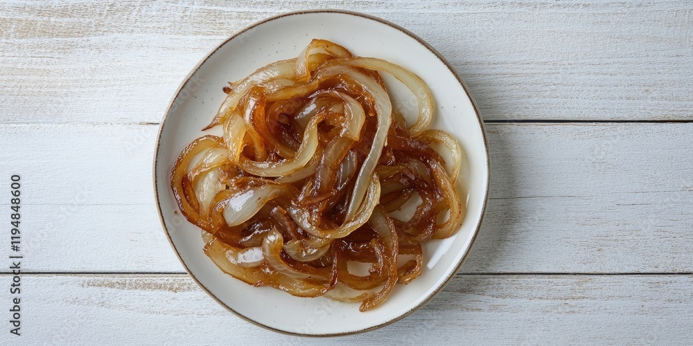 Poster caramelized onions elegantly arranged on a round white plate positioned centrally against a light te