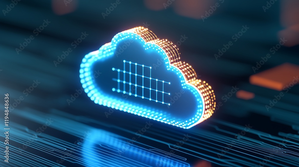 Poster modern cloud computing concept with digital data transmission in blue and orange glow on circuit boa