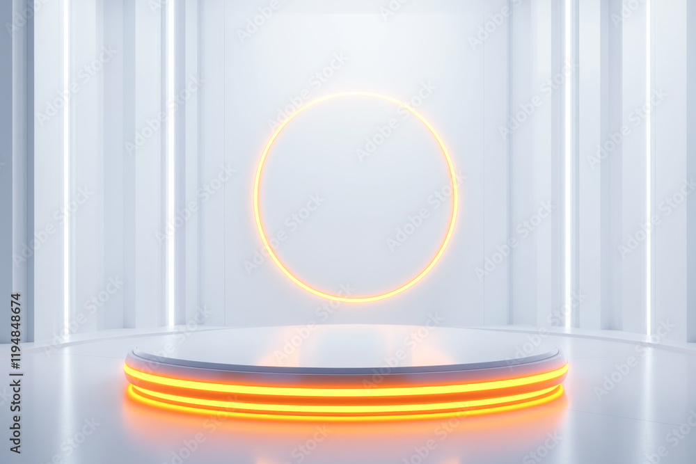 Poster futuristic studio with illuminated circular platform and glowing backdrop.