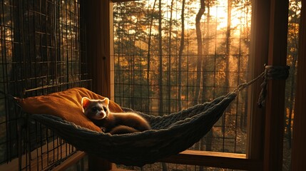 Ferret relaxing in hammock at sunset, forest view.