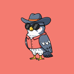 A cartoon falcon is depicted wearing a cowboy hat, sunglasses, and a red shirt. The image is a cute and stylish illustration.