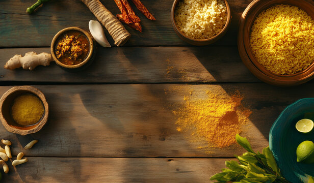Top view of Indian food on a wooden table