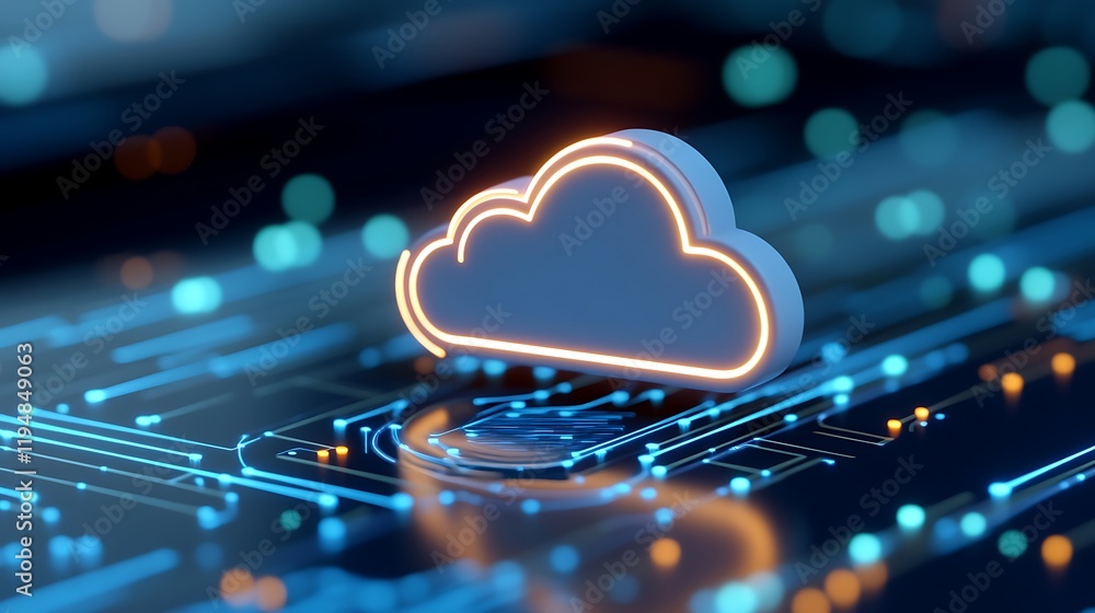 Poster modern cloud computing concept with glowing 3d cloud on circuit board background in digital environm